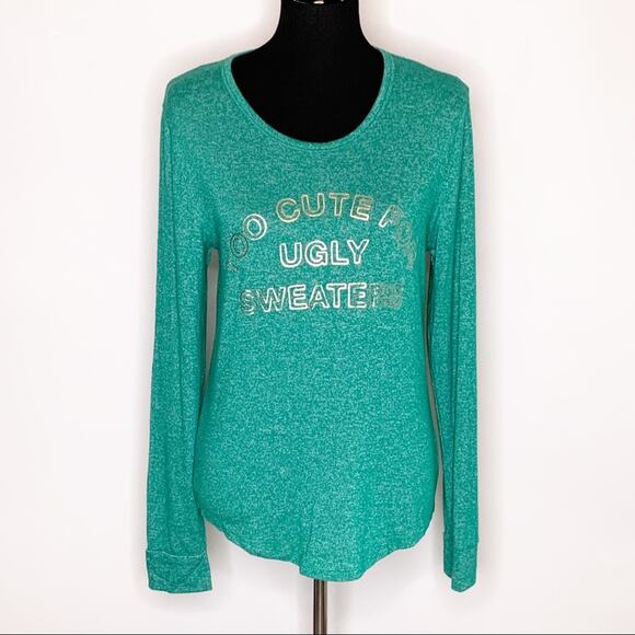PINK green Too Cute For Ugly Sweaters Christmas top size Large - Picture 1 of 10